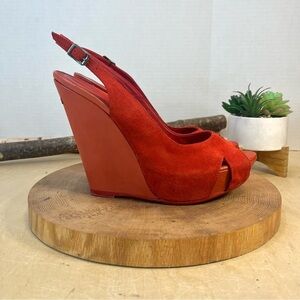 CNC Costume National | Red Suede Slingback Peep Toe Wedge Size 41